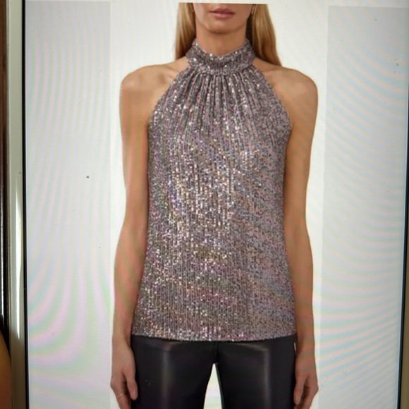 HALOGEN smocked pearl gray sequin high neck women’s holiday top. Size Medium. - Picture 3 of 11